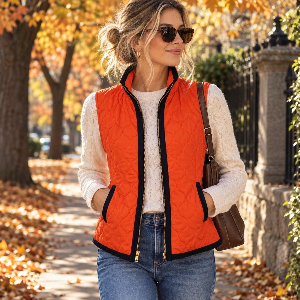 Crown & Ivy Quilted Vest Full Zip Contrast Trim Orange Navy Women's Medium